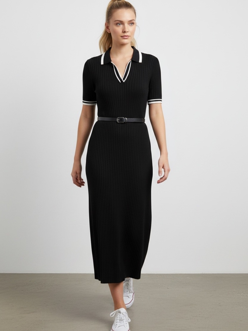 OAK + FORT Black ribbed contrast white trim Polo midi Dress small
